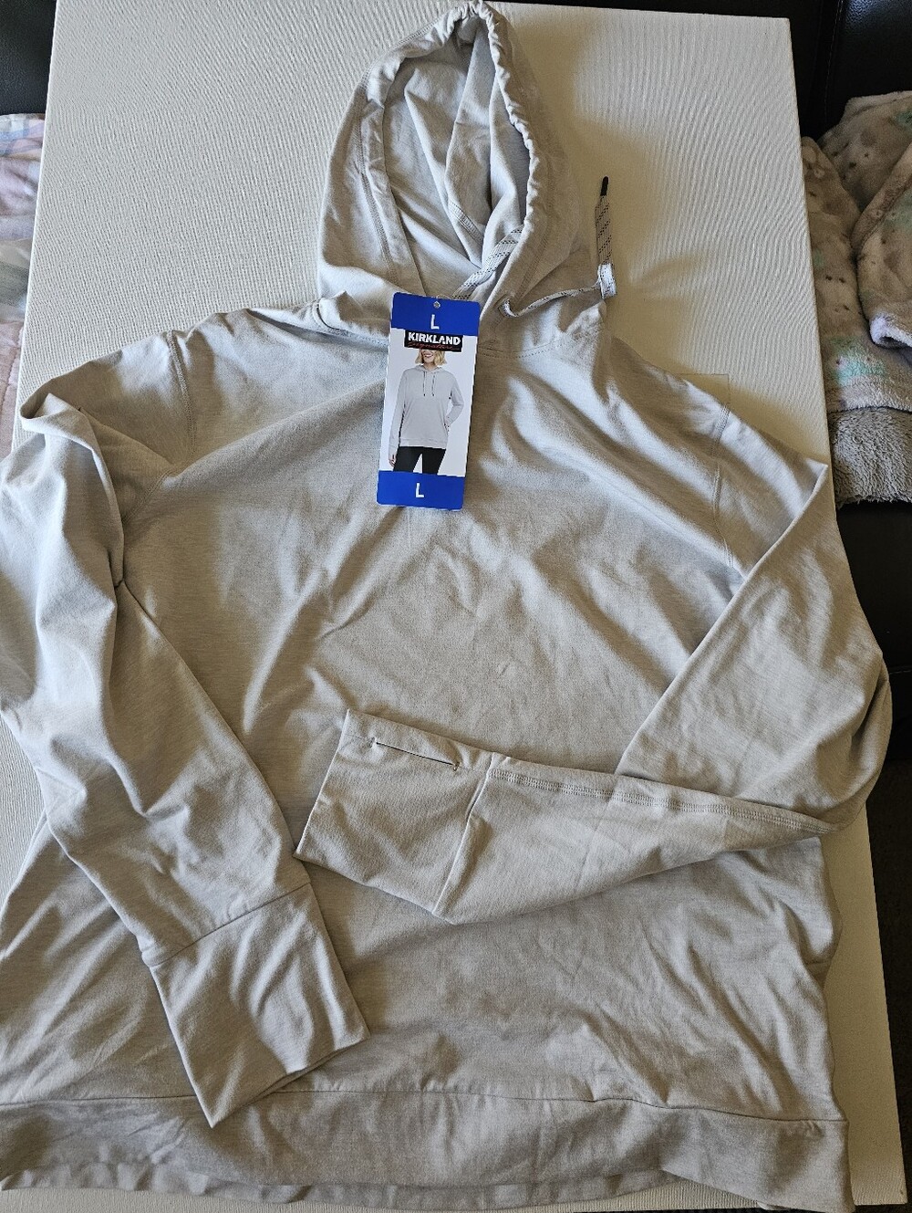 Women L Pullover Hoodie Light Gray Kirkland Signature Lightweight Thumbholes NWT